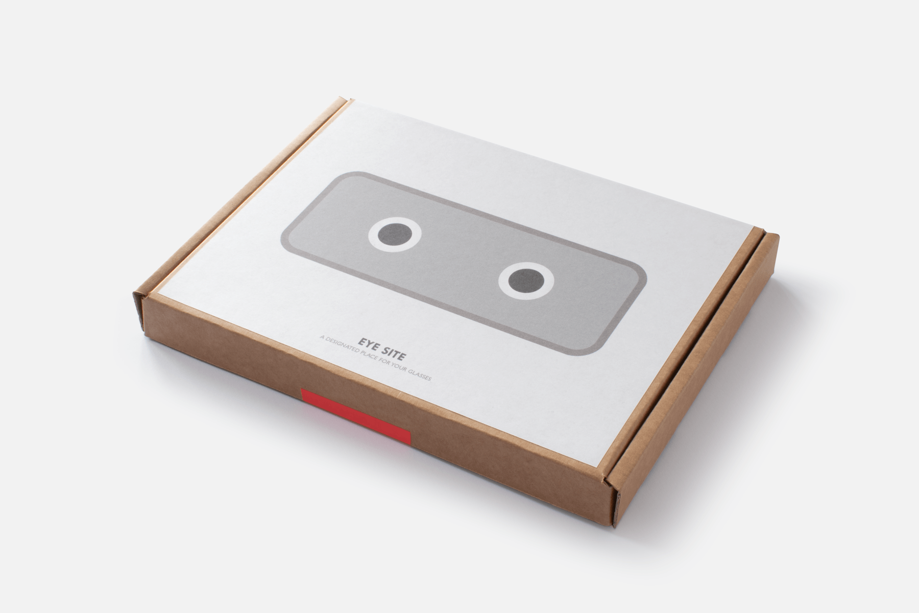 Packaging design using sustainable materials and minimal graphics. Brown cardboard, white label and monotone illustration graphics. Bright coral accent tape
