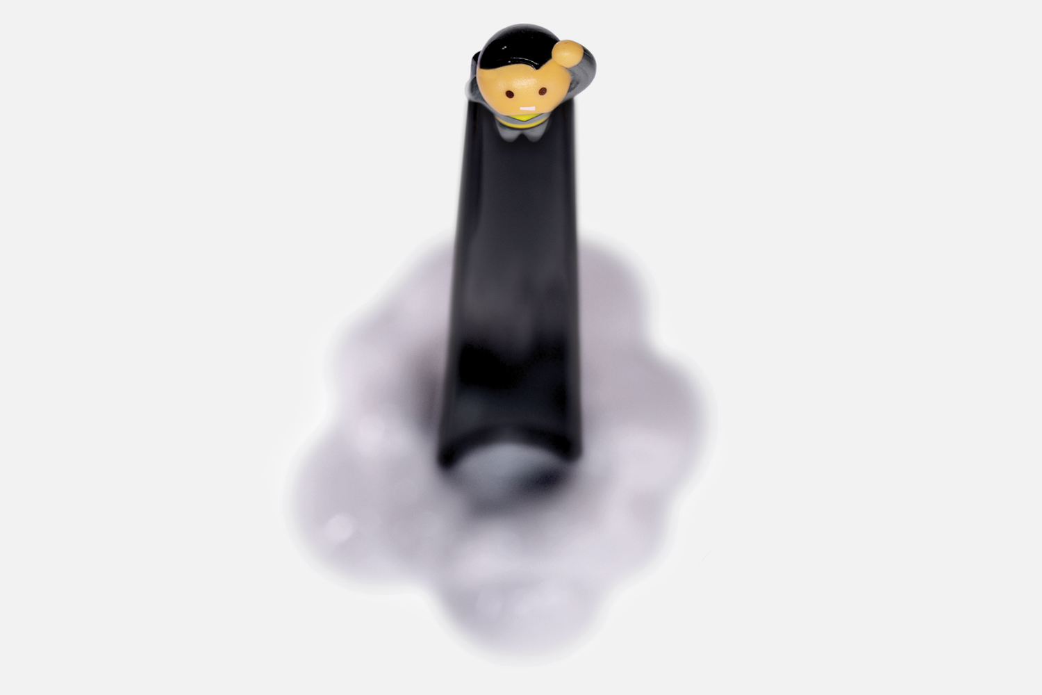 birds eye view of shoeperhero, with blurred cloud in the background