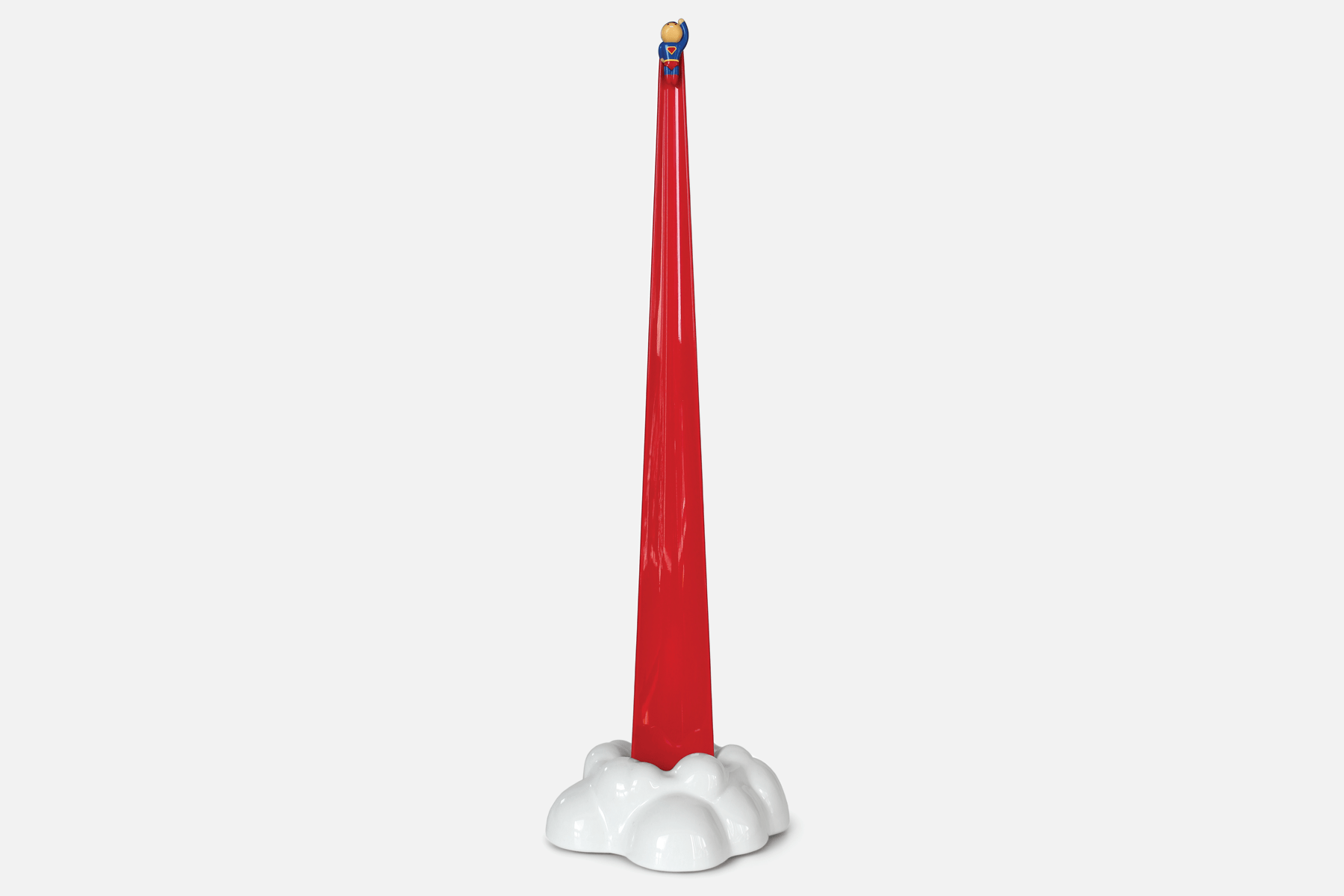 Red Shoeperhero cape shoehorn design standing in it's holder as if bursting from a cloud of smoke