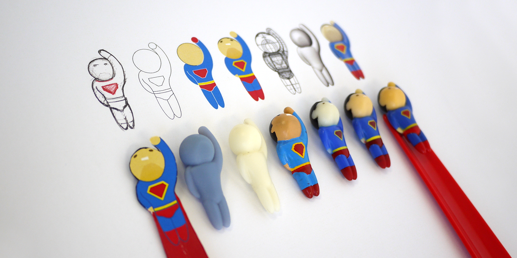 Various stages of product design development from sketch to computer illustation, 3D wireframe, 3D render, paper prototype, 3D printed prototype, PU-resin prototypes and injection moulded final production model