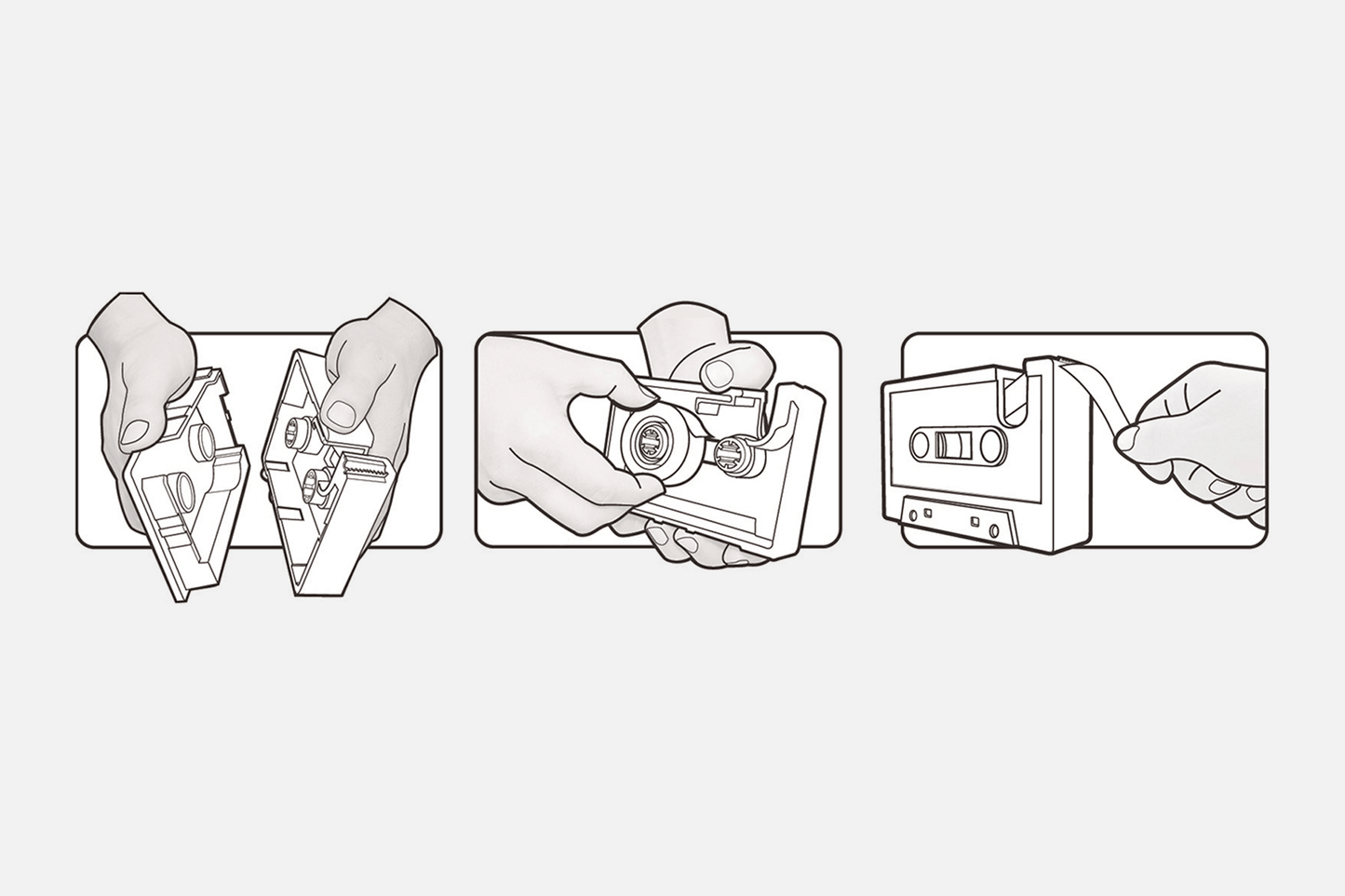 Instructional illustration showing how tape cassette dispenser can be pulled apart to easily replace the small roll of sticky tape