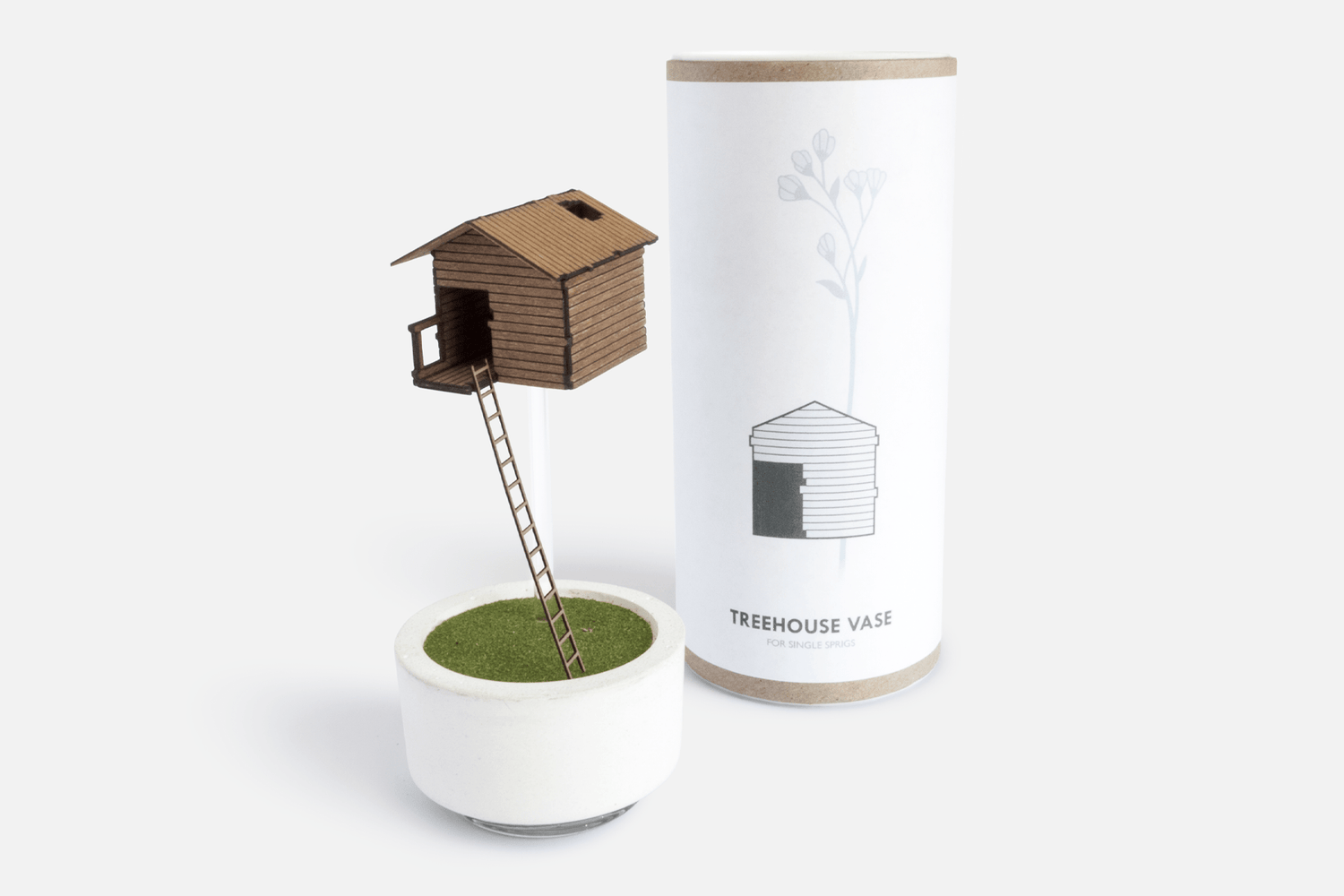 Treehouse Vase next to it's neat card-tube packaging