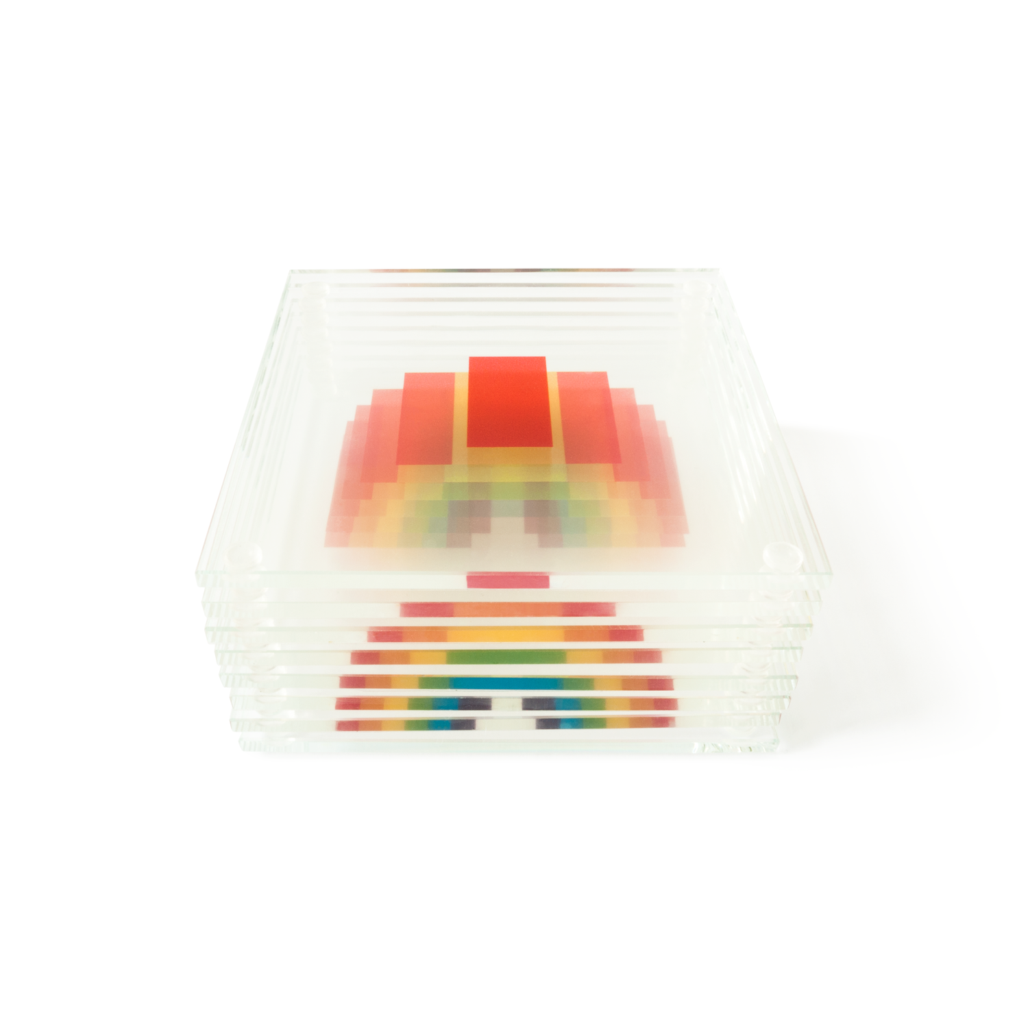 Printed glass coasters stacked to creative a 3D rainbow form within the stack