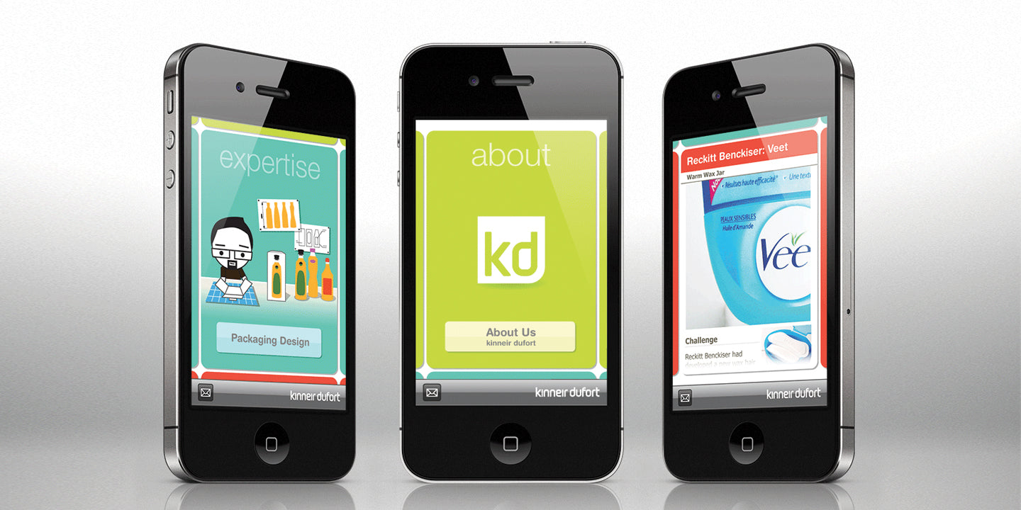 Mock-up of three iPhones showing different screens - menu items as card fronts and project detail on the reverse of the cards with grey gradient background