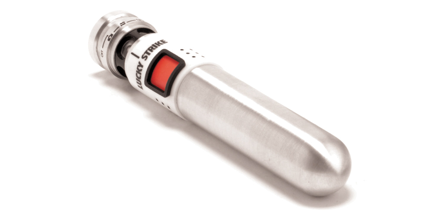 Lucky Strike Future Product Concept. A stainless steel long cyclindrical camera with 5 lenses positioned around it's circumference to take and record 360 degree phots and video.