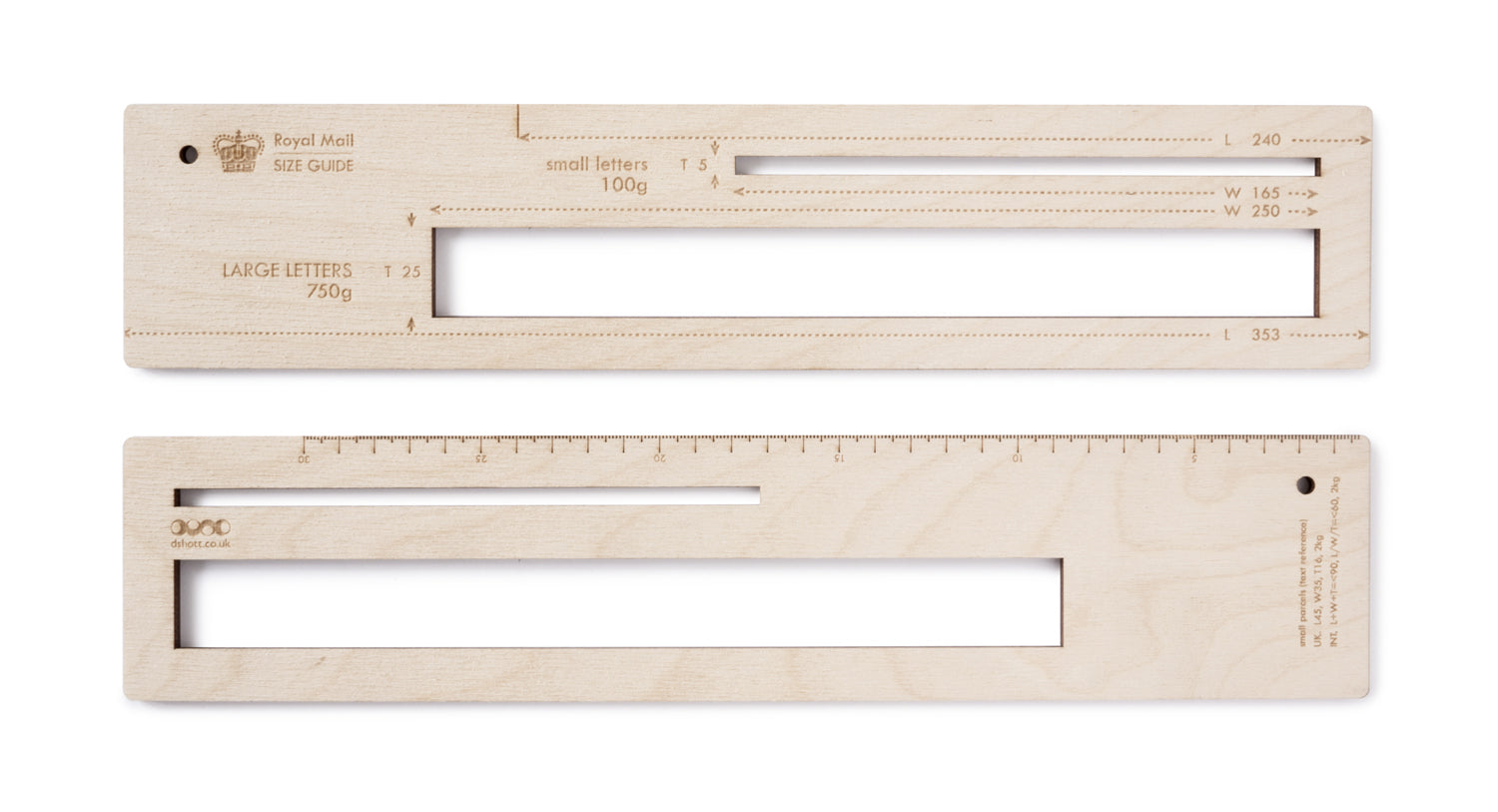 back and front of royal mail letter size guide. shown laser etched details flat on