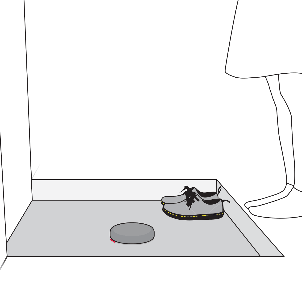 tobiishi in-use loop animation showing user stepping on the product in the japanese sunken floor area to reach the front door