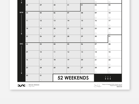 Calendar titled '52 Weekends' displaying a full year's layout for planning weekend activities.