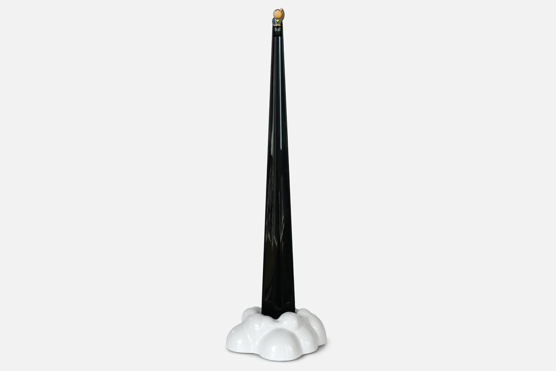 Shoeperhero (Black) by Duncan Shotton Design Studio shows shoehorn sitting in it's stand as if bursting from a cloud of smoke