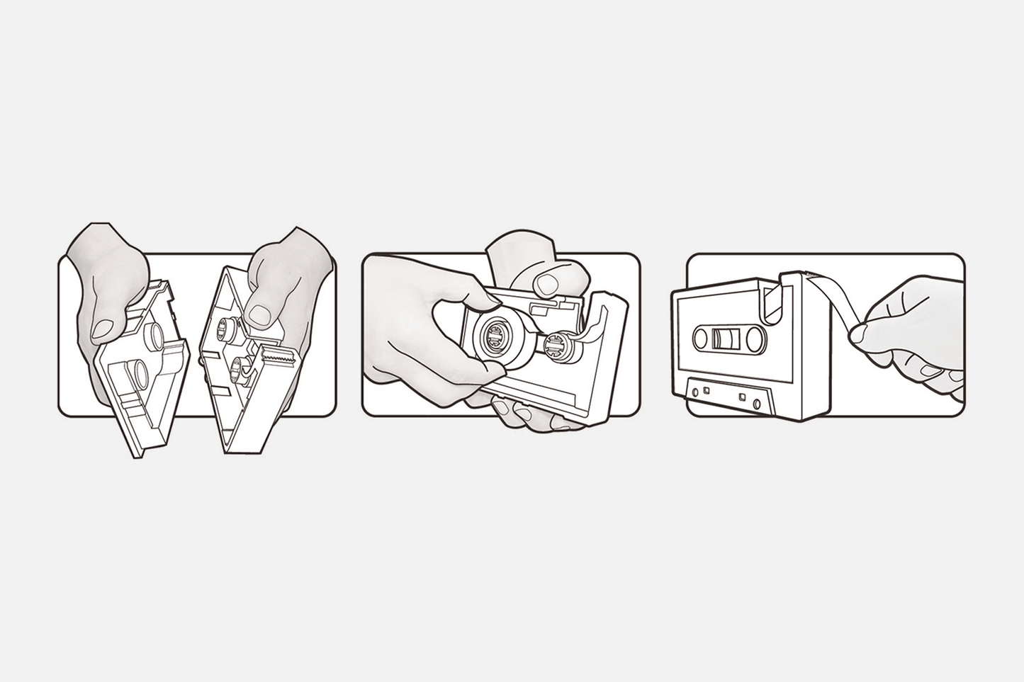 Instructional illustration showing how tape cassette dispenser can be pulled apart to easily replace the small roll of sticky tape