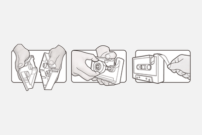 Instructional illustration showing how tape cassette dispenser can be pulled apart to easily replace the small roll of sticky tape
