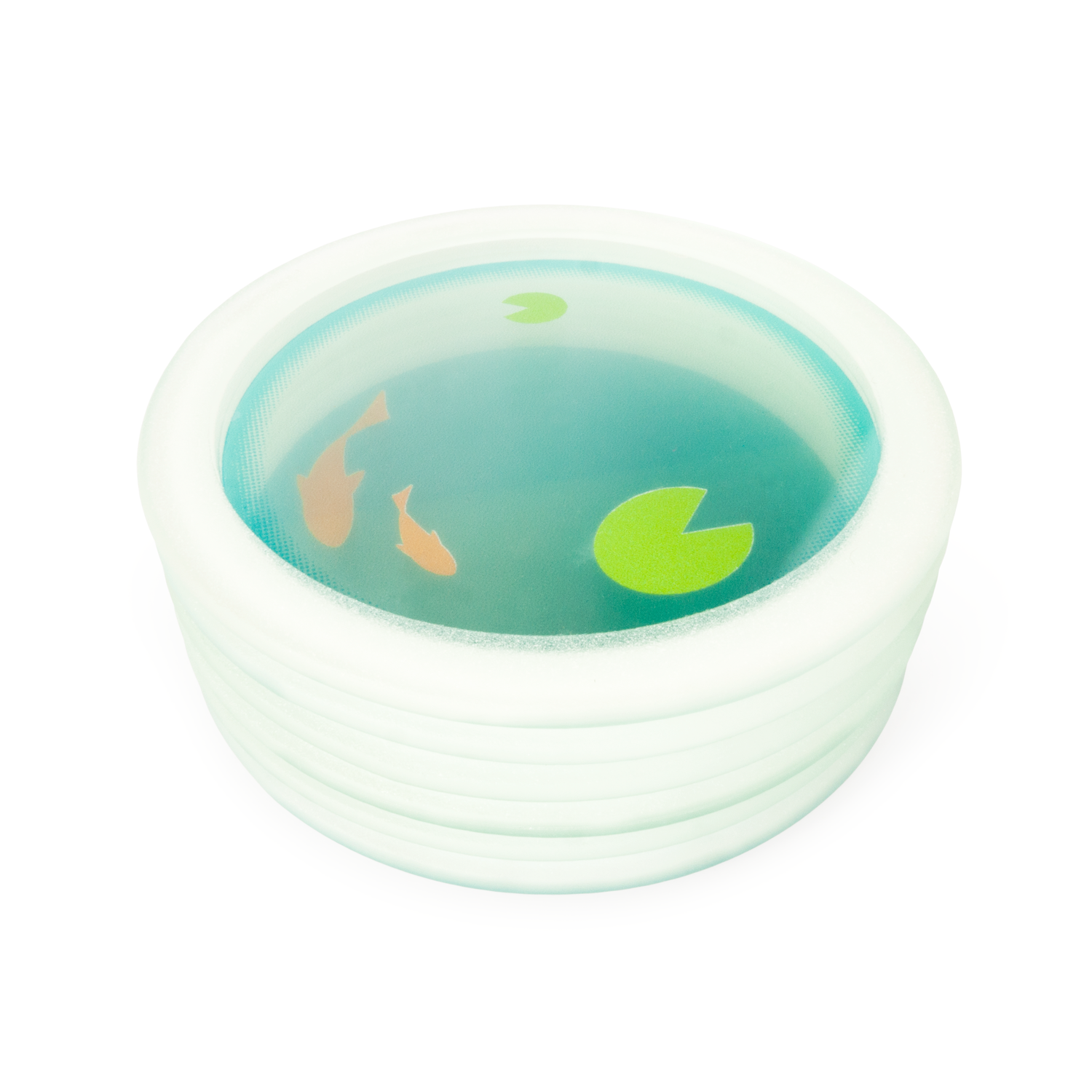 Glass coasters printed with sections of a goldfish bowl at different depths to depict a fishbowl when stacked